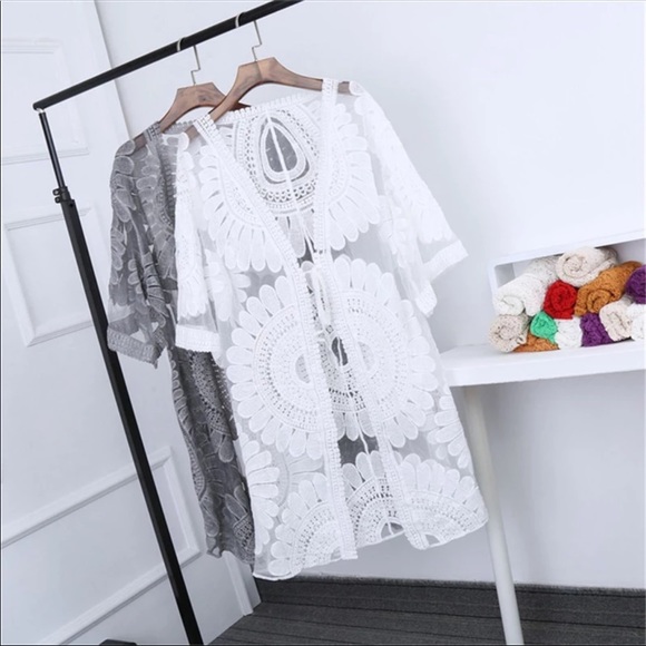 New! White Boho Floral Lace Kimono Beach Coverup - Picture 7 of 13